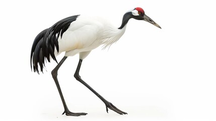 solitary Red-Crowned Crane on White