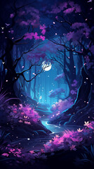 Enchanted night fairy forest with stream and full moon