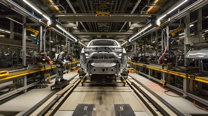 A worker inspects a car at a modern automotive assembly line