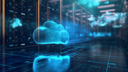3D rendering of Cloud technology concept with digital data and cloud security in a modern server room background, with a blue light effect