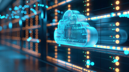 3D rendering of Cloud technology concept with digital data and cloud security in a modern server room background, with a blue light effect