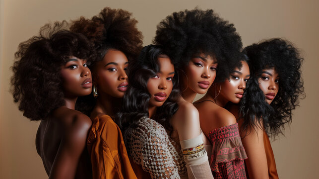 A group of light-skinned Black women wearing various styles of pre-plucked lace wigs in a hair photoshoot, showcasing a range of hairstyles and the natural, seamless look of the wigs.
