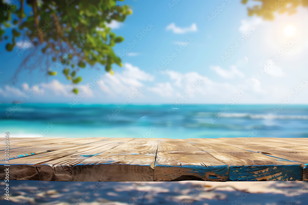 Wall mural empty wooden table on blurred tropical sea and sky background