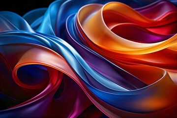 Colored wavy ribbons on a black background. Abstract background, wallpaper. Generative AI