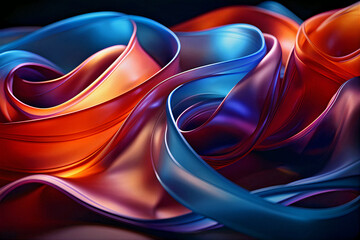 Colored wavy ribbons on a black background. Abstract background, wallpaper. Generative AI