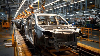 Automobiles in assembly line at a car manufacturing plant
