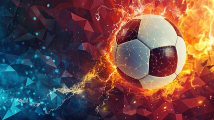 On an abstract polygonal background, there is a burning soccer ball and water with lightning all around. text spaced in a horizontal arrangement.