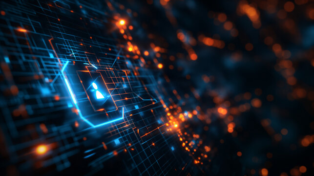 virtual screen with an IT icon on a dark background, in the style of a business concept for information technology or cyber security in the modern digital world in blue-orange shades 