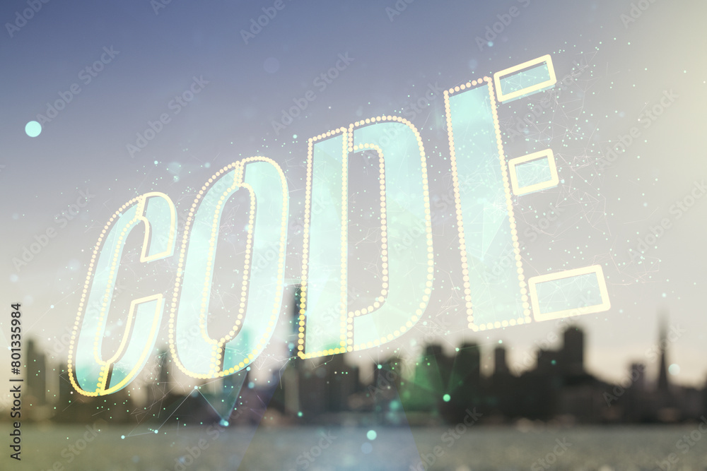 Aufkleber code word hologram on blurry skyscrapers background, international software development concept. mul