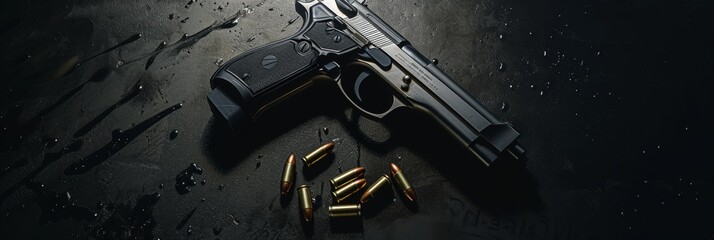 Hand gun and its ammunition, with the dark background