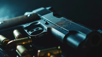 Hand gun and its ammunition, with the dark background