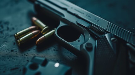 Hand gun and its ammunition, with the dark background