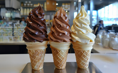 3 delicious soft serve ice cream cones. The one on the left dark chocolate, the right, vanilla, and the center mixed dark chocolate and vanilla.