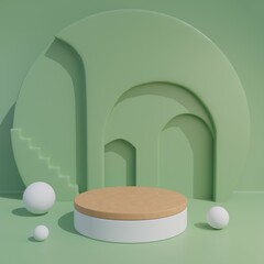empty podium or pedestal display on green background whit sphere and visual element back