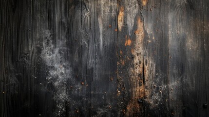 Aged and shabby surface of a charred wooden board with smoky remains