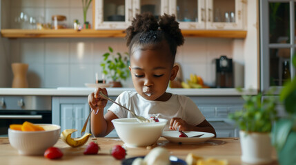 black child having breakfast eating yogurt with fresh fruit, sitting at the kitchen table. Healthy morning routine, breakfast with fresh fruit. Black child enjoying healthy food in the kitchen.