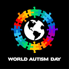 World Autism Day. Colorful puzzle pieces round frame around of earth. Vector isolated on black background.
