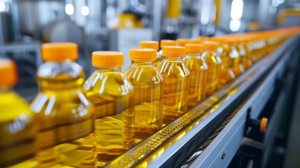 Conveyor belt at a vegetable oil production plant, where bottles are being filled and capped with freshly processed oil