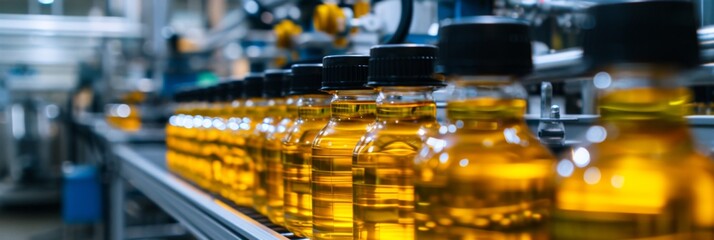 Conveyor belt at a vegetable oil production plant, where bottles are being filled and capped with freshly processed oil