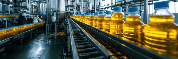 Conveyor belt at a vegetable oil production plant, where bottles are being filled and capped with freshly processed oil