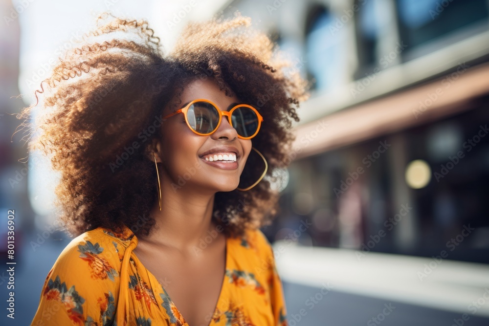 Wall mural portrait of a cheerful afro-american woman in her 30s wearing a trendy sunglasses isolated in busy u - Wall murals