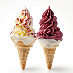 Soft serve ice cream of vanilla, strawberry, chocolate and green tea flavours on crispy cone, frozen custard in cone isolated on white background