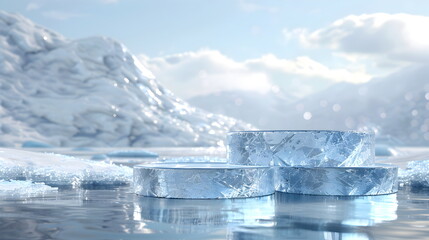 2 stacks mockup of  Blue Ice Podium, crystal clear, front view focus, amidst a Snowy Winter, magical and serene for cool tone products, banner for advertising