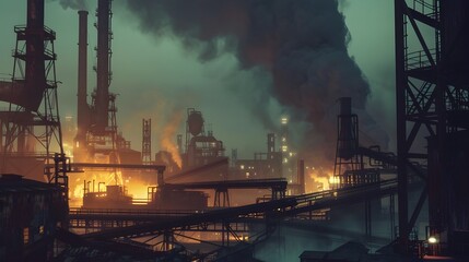 Obraz premium Gritty Industrial Landscape at Dusk with Glowing Molten Steel and Billowing Smoke