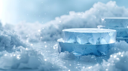 2 stacks mockup of Cool Blue Ice Podium, crystal clear, front view focus, amidst a Snowy Winter Wonderland Background, magical and serene for cool tone products, banner for advertising