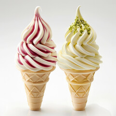 Soft serve ice cream of vanilla, strawberry, chocolate and green tea flavours on crispy cone, frozen custard in cone isolated on white background