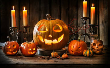 Spooky Halloween atmosphere with a carved pumpkin lantern lit by candles.