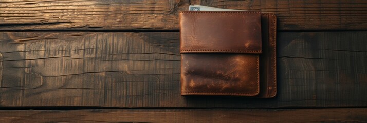 Leather wallet brimming with money, set against the backdrop of a wooden table