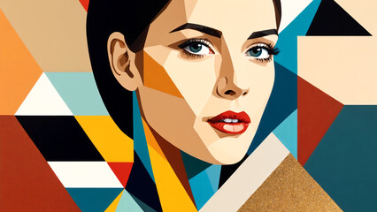 Beautiful young woman face. Contemporary art collage