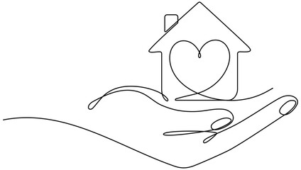 Hand holding house with heart continuous line drawn. Real estate protection concept. Charity symbol. Vector illustration isolated on white.