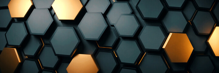 Abstract hexagons background. Futuristic hexagonal shapes in black and gold metal