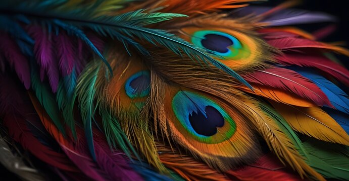 Colorful peacock feathers texture background, closeup, wallpaper