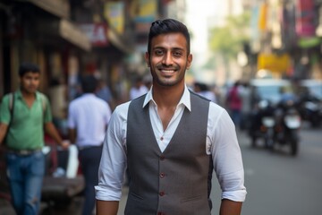 Fototapeta premium Portrait of a smiling indian man in his 30s dressed in a polished vest over busy urban street
