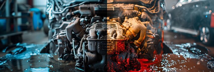 cleaning the engine of a car. Service for car washes both before and after. both prior to and following cleaning upkeep. cleaning the engine of a car. Car washing concept.