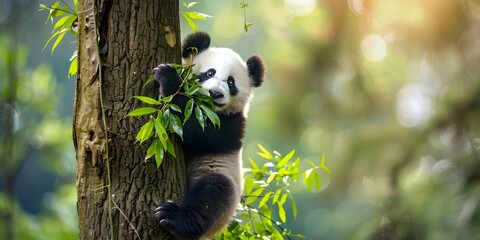 photo of a panda in wildlife in a bamboo forest national park, bokeh, background blur; 