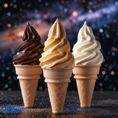 Soft serve ice cream of vanilla, strawberry, chocolate and green tea flavours on crispy cone, frozen custard in cone isolated on white background