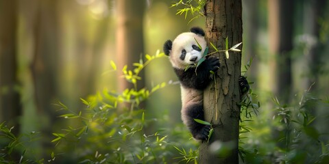 photo of a panda in wildlife in a bamboo forest national park, bokeh, background blur; 