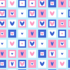 Seamless pattern with pink and blue hearts inside rectangles. Vector illustration for kids bedding, wrapping paper, wallpaper.