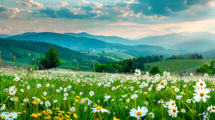 A beautiful field of daisies blooms under the sunlight, with majestic mountains in the background. The natural landscape creates a tranquil setting for people to enjoy