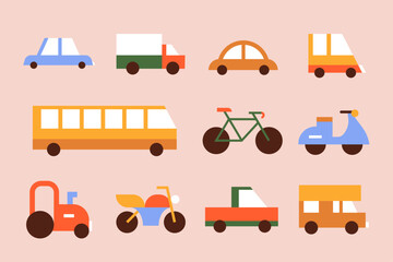 Set of various flat vector vehicles. Minimal illustration of car, truck, bus, two-wheeler, motorcycle, scooter, van, bike, and tractor