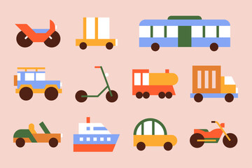 Set of various flat vector vehicles. Cliparts of cars, trucks, buses, two-wheelers, motorcycles, scooters and boat