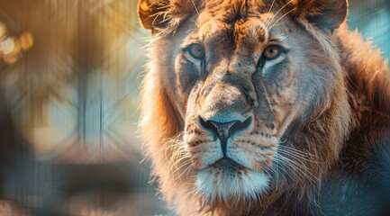 photo of a lion in wildlife in a national park, bokeh, background blur