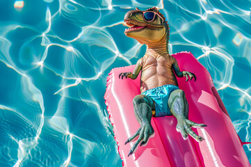 T-rex dinosaur chilling on a yellow inflatable ring in a pool, wearing sunglasses, and soaking up a...