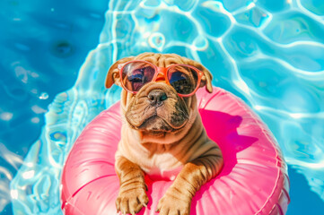 Shar pei dog chilling out on a yellow inflatable ring in a pool, wearing sunglasses, and embracing a sunny summer day. Close up. Vacation and summer holidays concept.