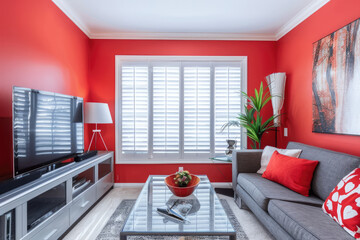 Fototapeta premium An elegant living room with red walls, white ceiling and floor. The wall is painted in vibrant coral color to add warmth and energy to the space.