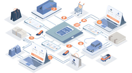 Obraz premium A graphic image of teenagers engaging in online shopping activities using computers or mobile phones and a shopping basket.